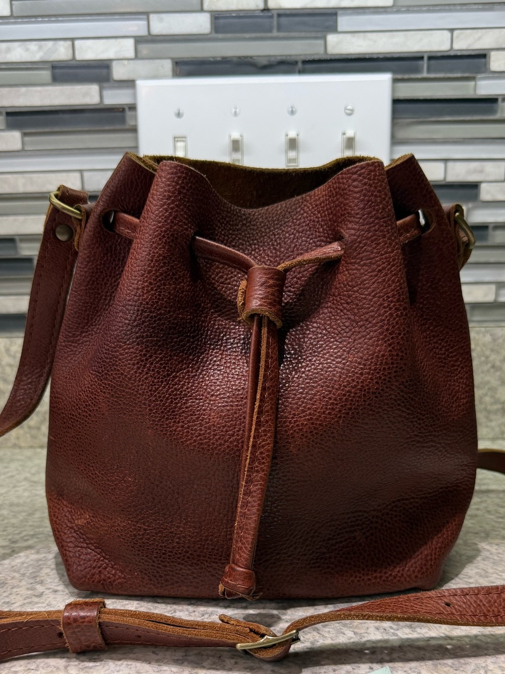 Portland Leather nutmeg Crossbody Bucket Bag